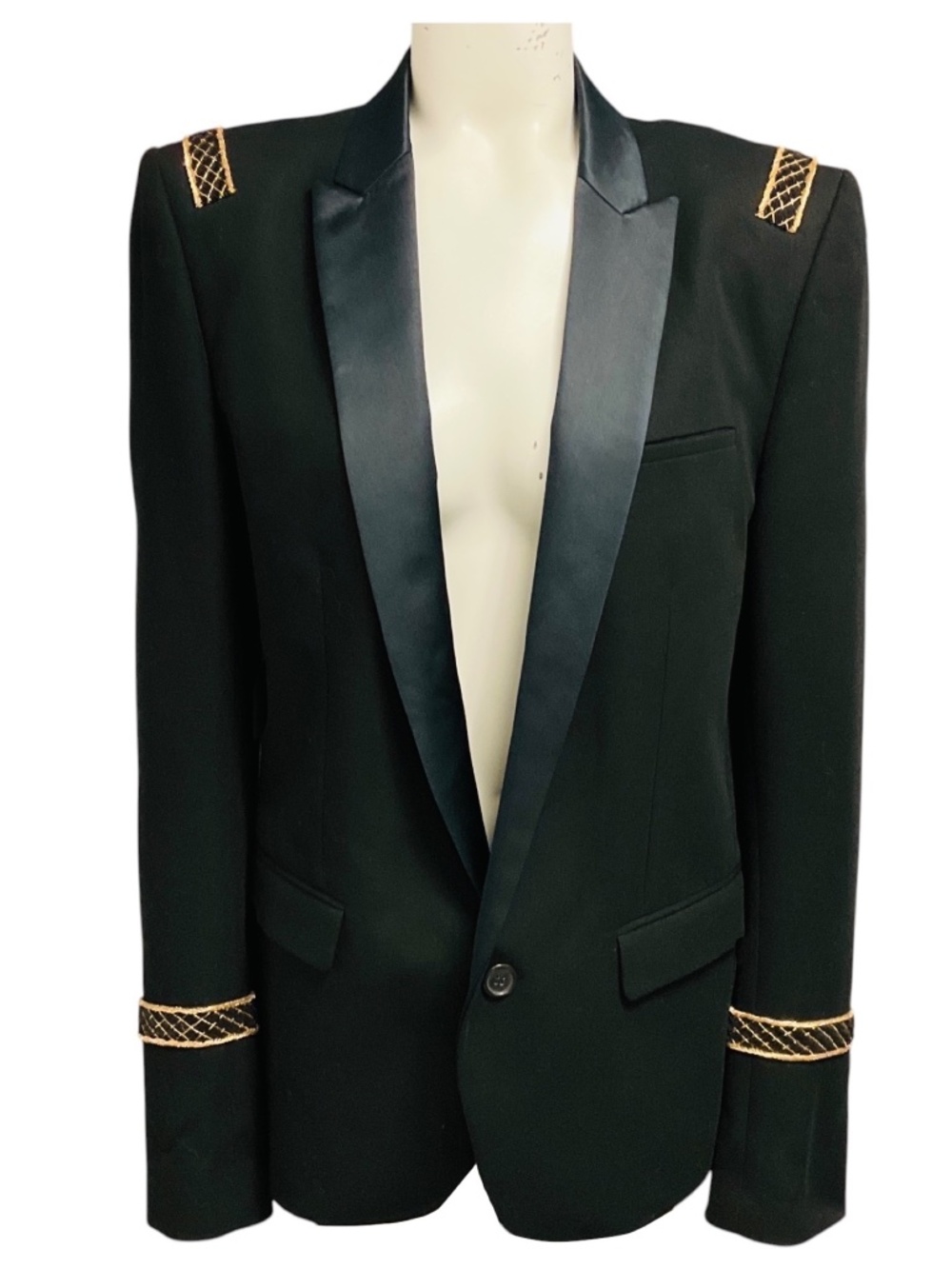 BALMAIN BLACK / GOLD CHAIN EMBELLISHED COTTON TUXEDO STYLE BLAZER JACKET